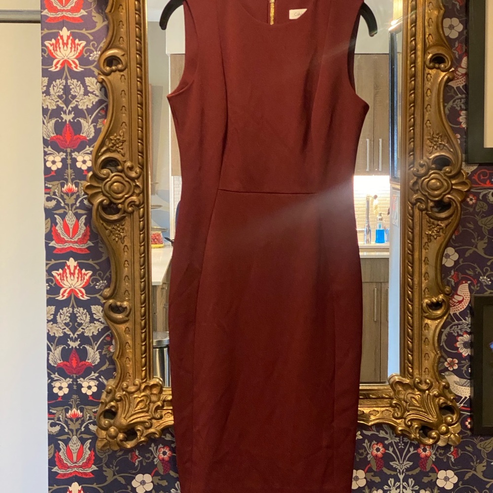 Calvin Klein Sleeveless Burgundy Sheath Midi Dress
